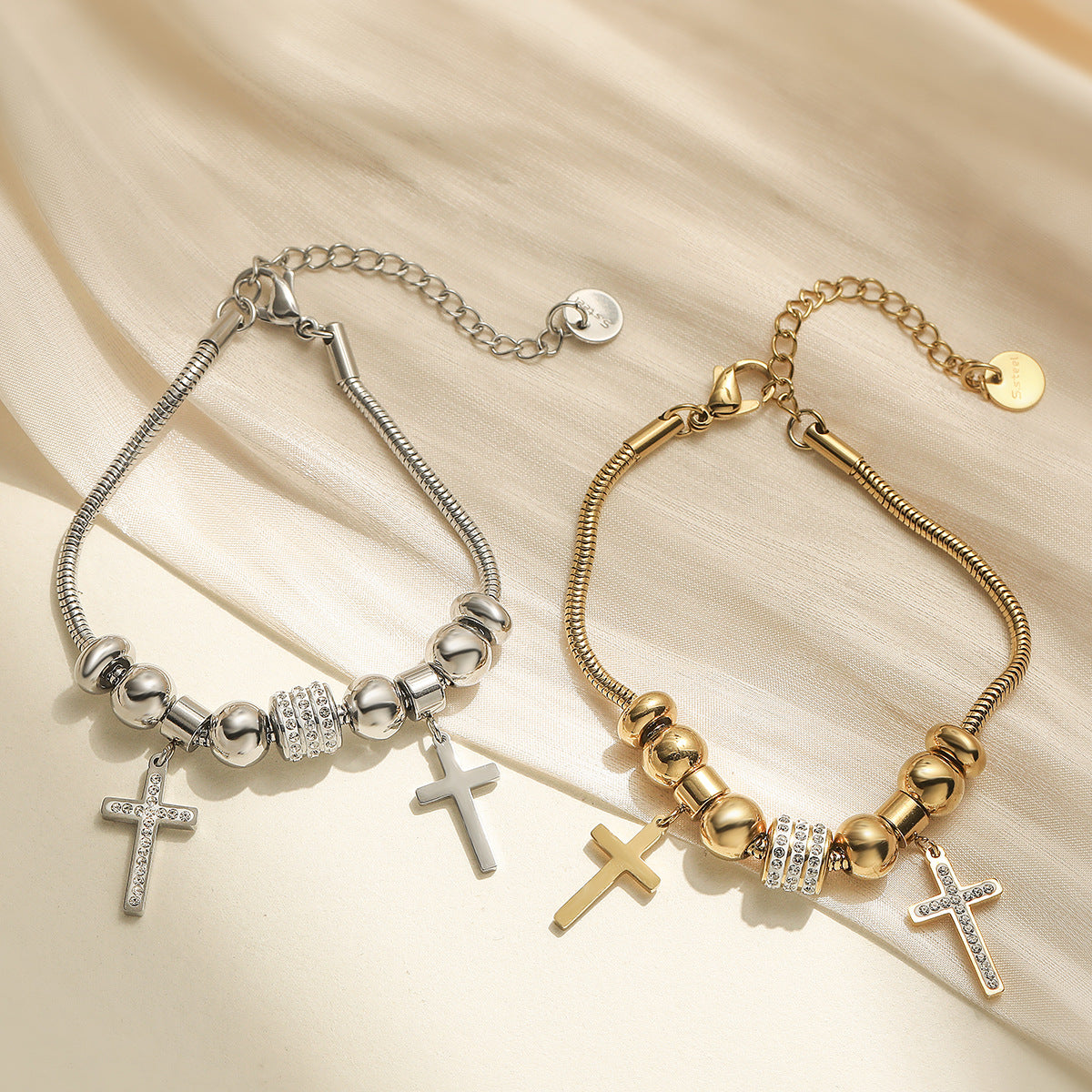 18K Gold Plated Stainless Steel Cross Bracelet with Cubic Zirconia for Women