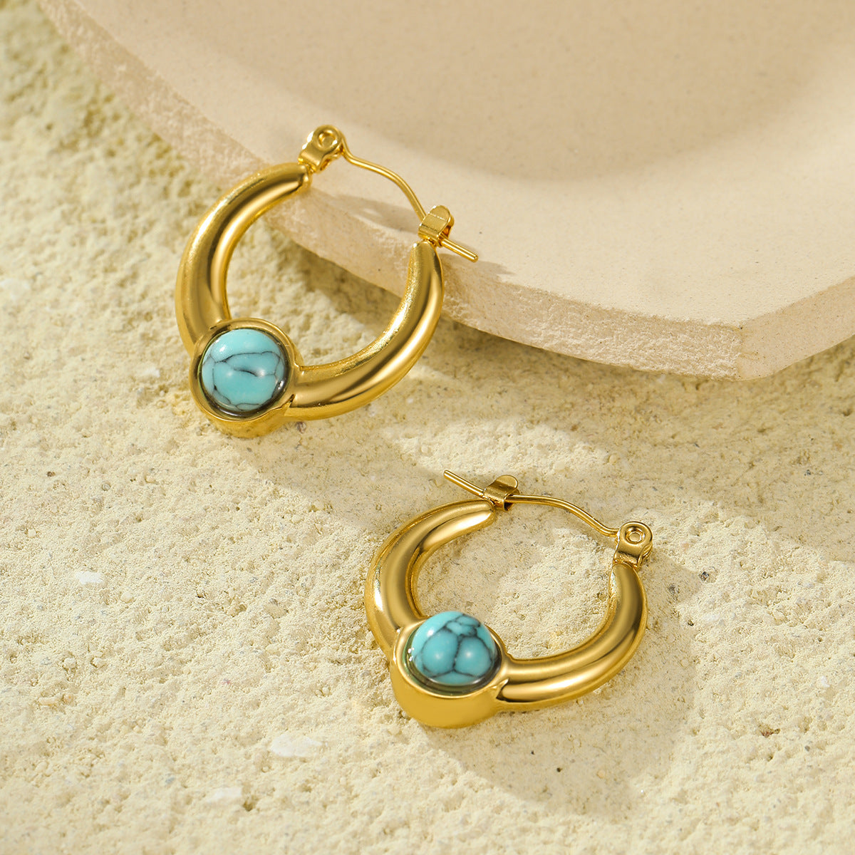 Vintage Style U-Shaped Titanium Steel Earrings with 18K Gold Plating and Natural Stone Inlay for Women