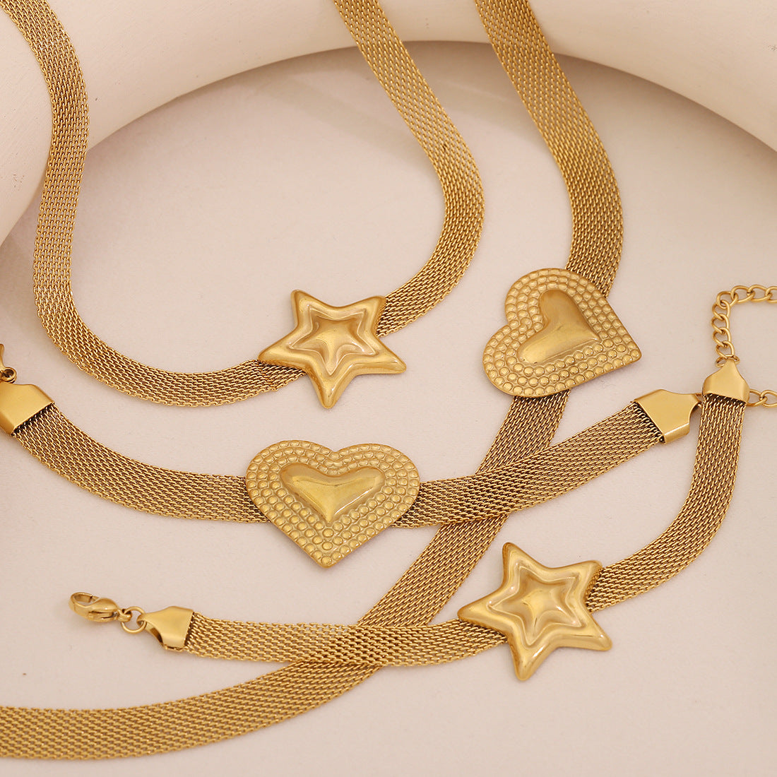 Bold French Mesh Heart and Star Pendant Necklace in Titanium Steel with Plated Finish for Women