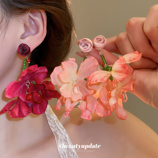 Handmade Floral Crystal Stud Earrings with Tassel Accents for Women - Fresh Sweet Forest Style Ear Jewelry