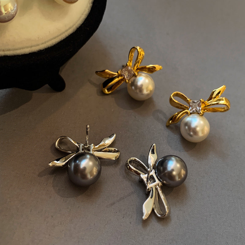 Orecchini a perno con fiocco di strass e perle con perni in acciaio placcato da donna, gioielli per orecchie vintage alla moda, minimalisti ed eleganti di lusso