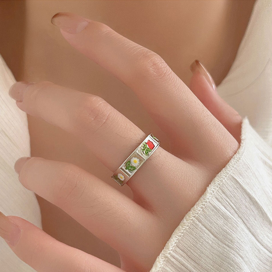 Minimalist Sweet 925 Sterling Silver Geometric Plated Floral Ring Daisy Rose Design
