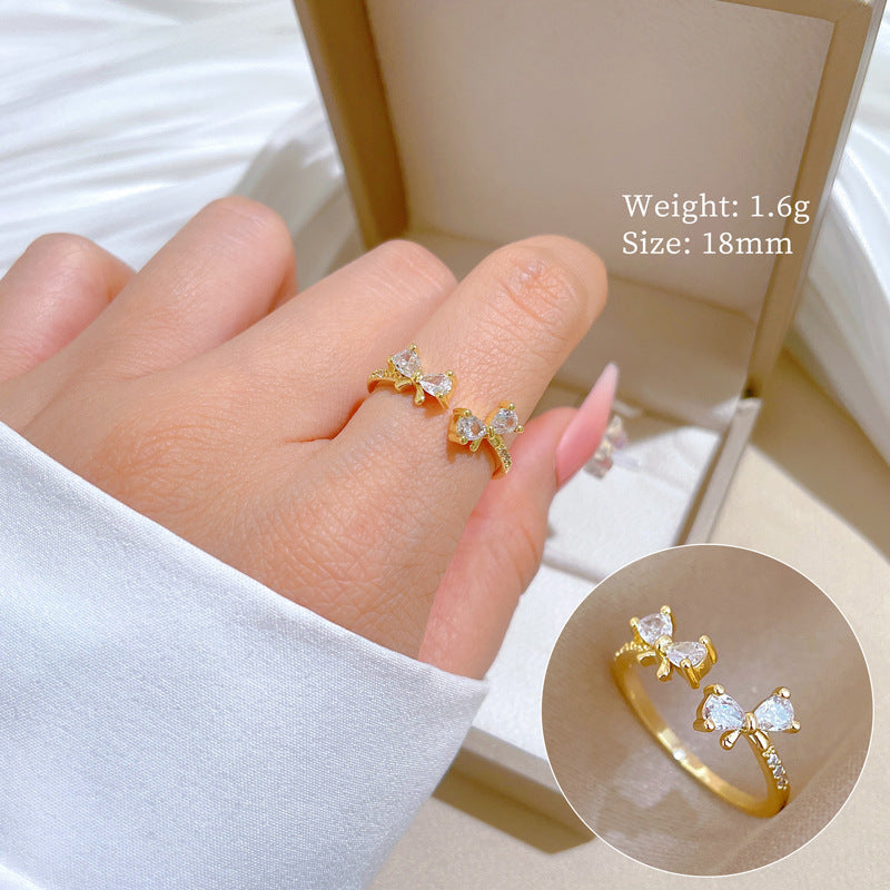Minimalist Geometric Gold-Plated Brass Open Ring for Women with Crown Shape and Rhinestone Inlay