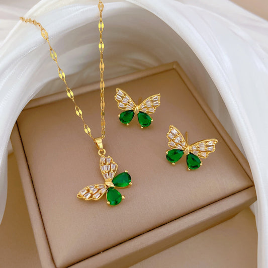Elegante conjunto de collar y pendientes de acero de titanio hueco con diseño de mariposa y microincrustaciones para mujer, joyería de lujo para fiestas