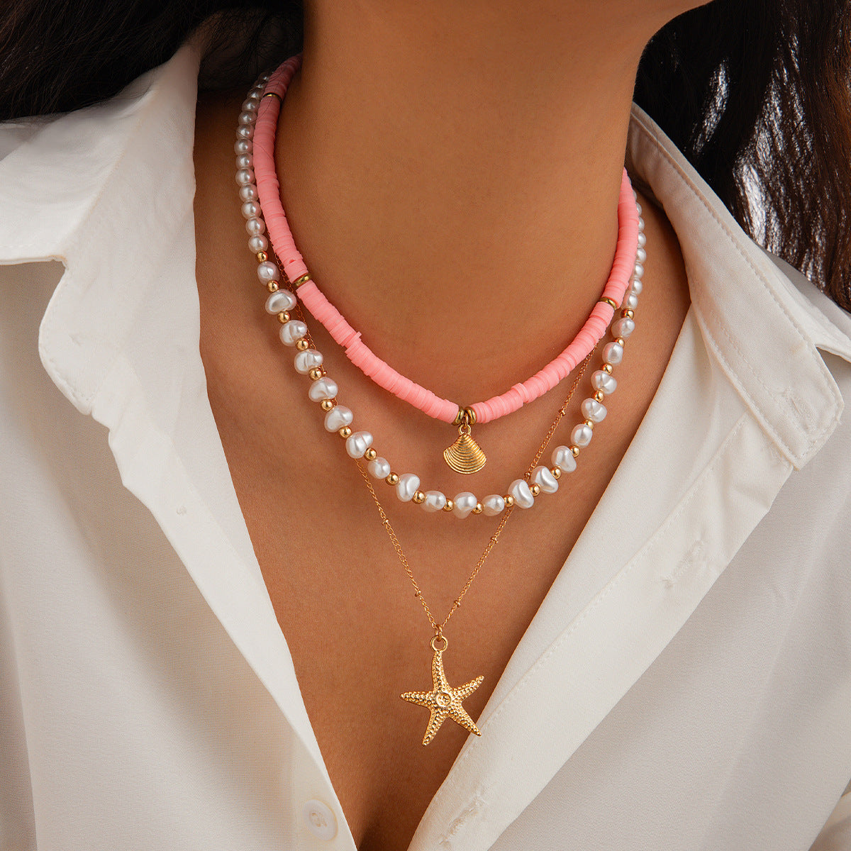Vintage Bohemian Baroque Starfish Shell Imitation Pearl Resin Alloy Plated Necklace for Women