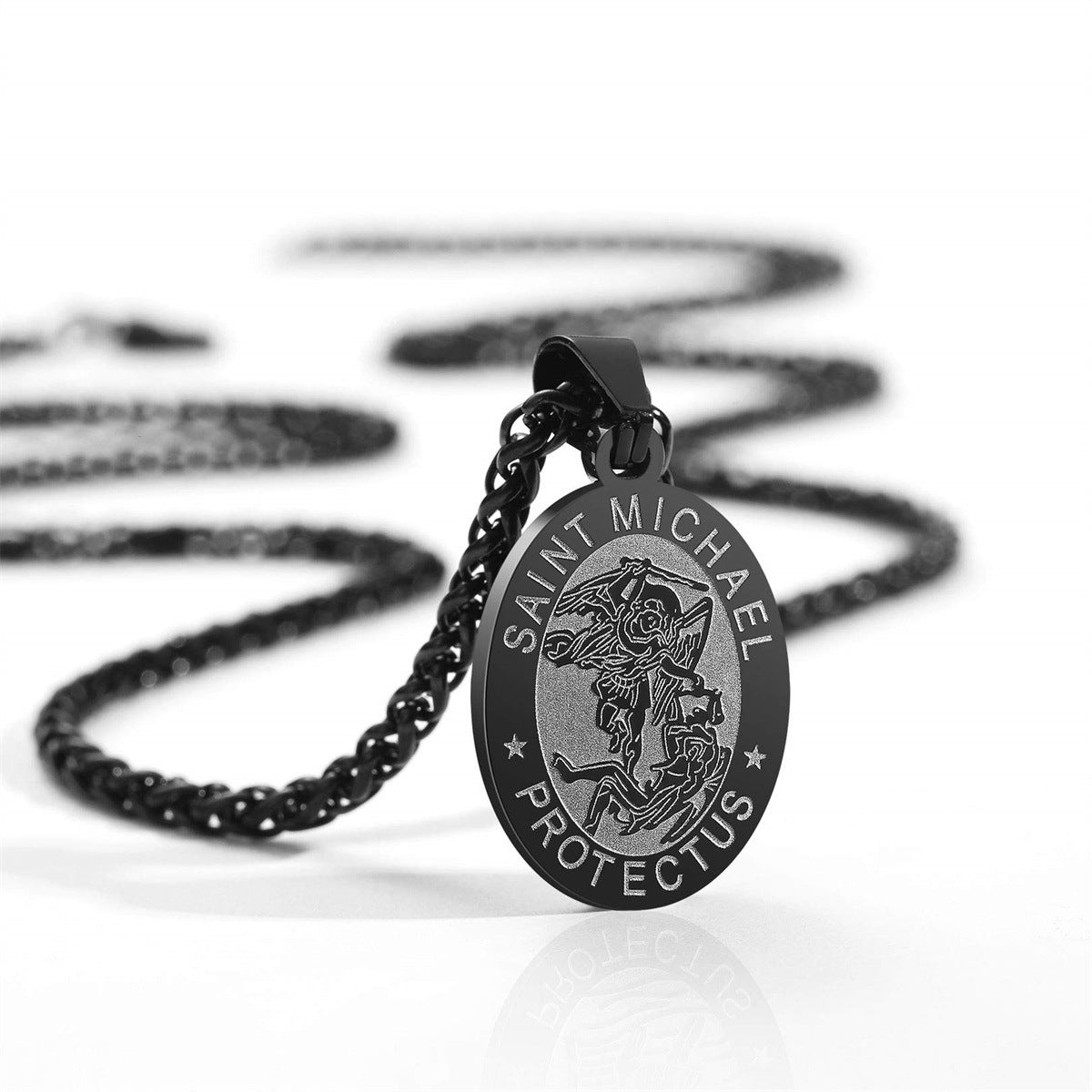 Minimalist Geometric Saint Michael Medal Pendant Necklace for Women in Stainless Steel with Plated Finish