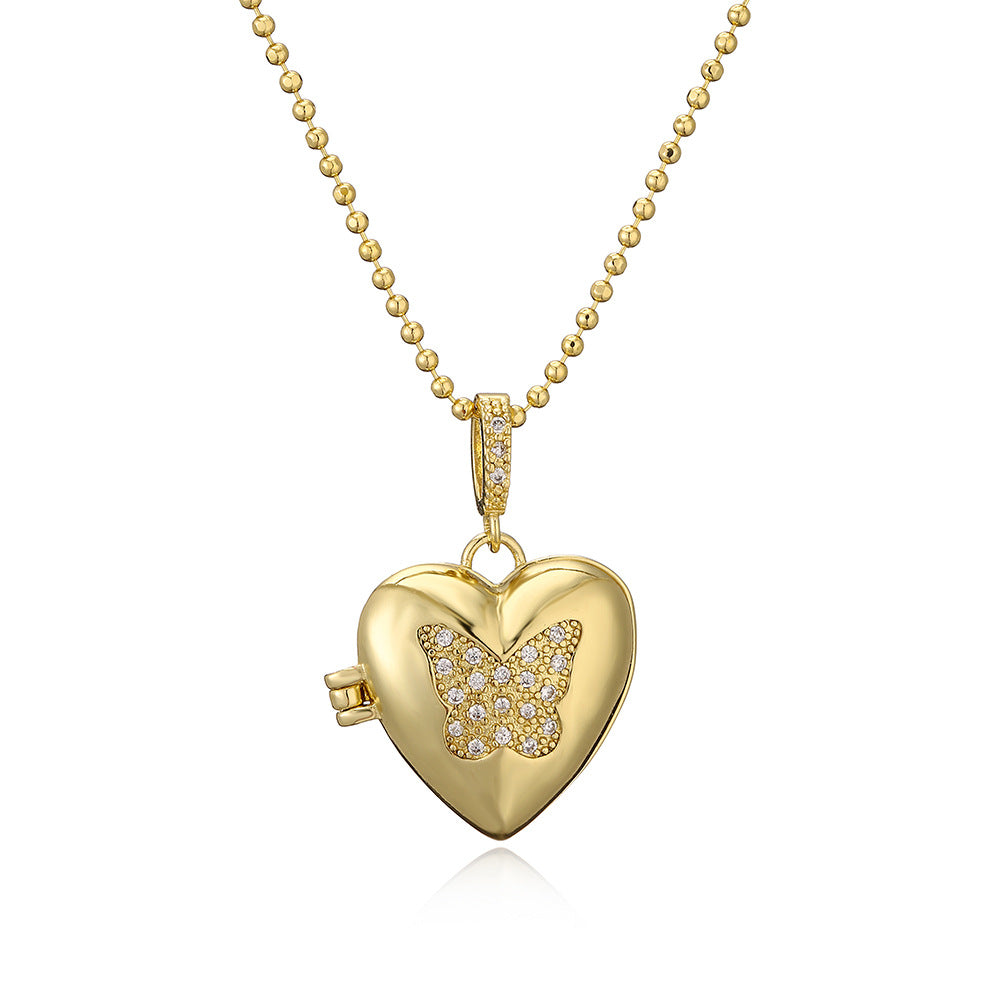 Minimalist Butterfly Star Heart Eye Photo Pendant Necklace for Women in Copper with Gold Plating and Zircon Inlay