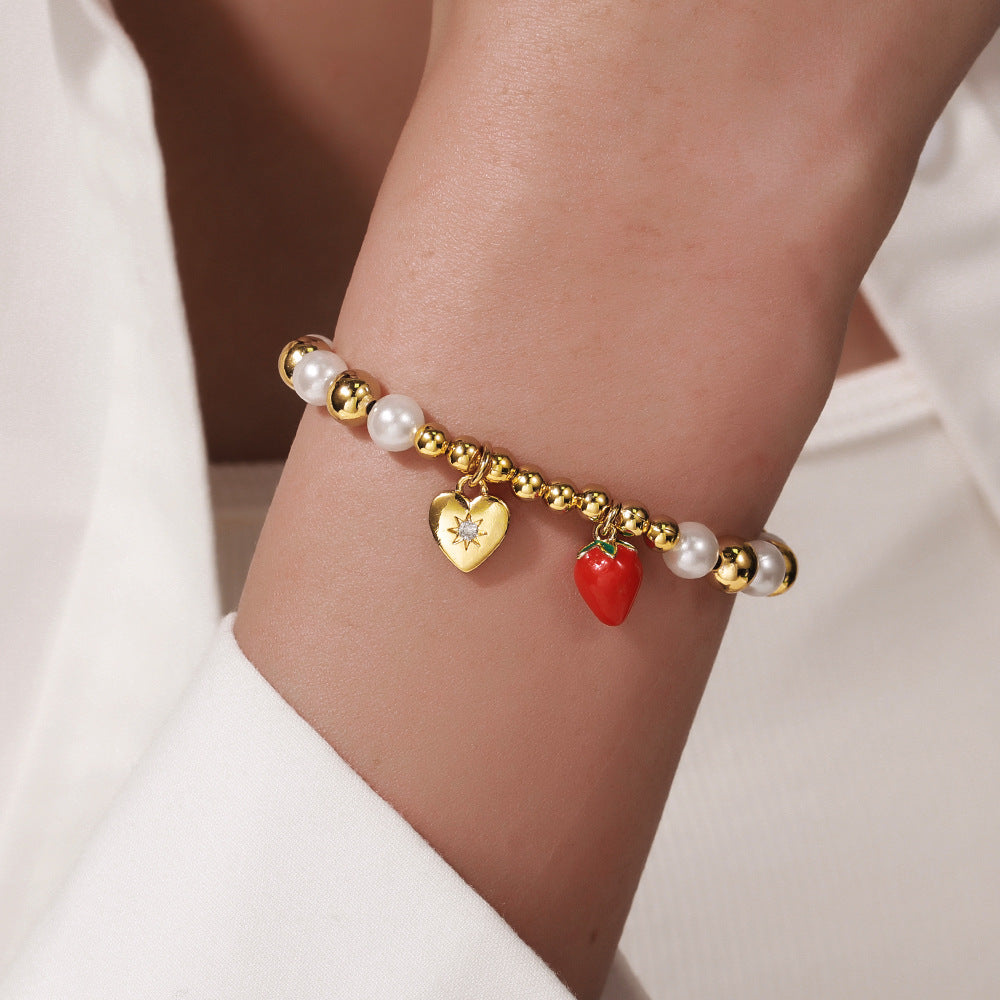 Cherry Heart Cross Fruit Shape Brass Bracelet with Cubic Zirconia and Pearl Inlay for Unisex