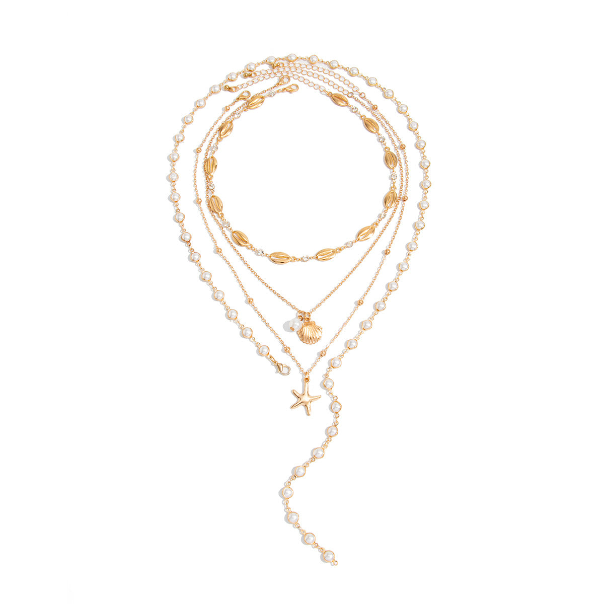 Bohemian Shell Starfish Pearl Rhinestone Zinc Alloy Plated Y-Shape Layered Necklace for Women
