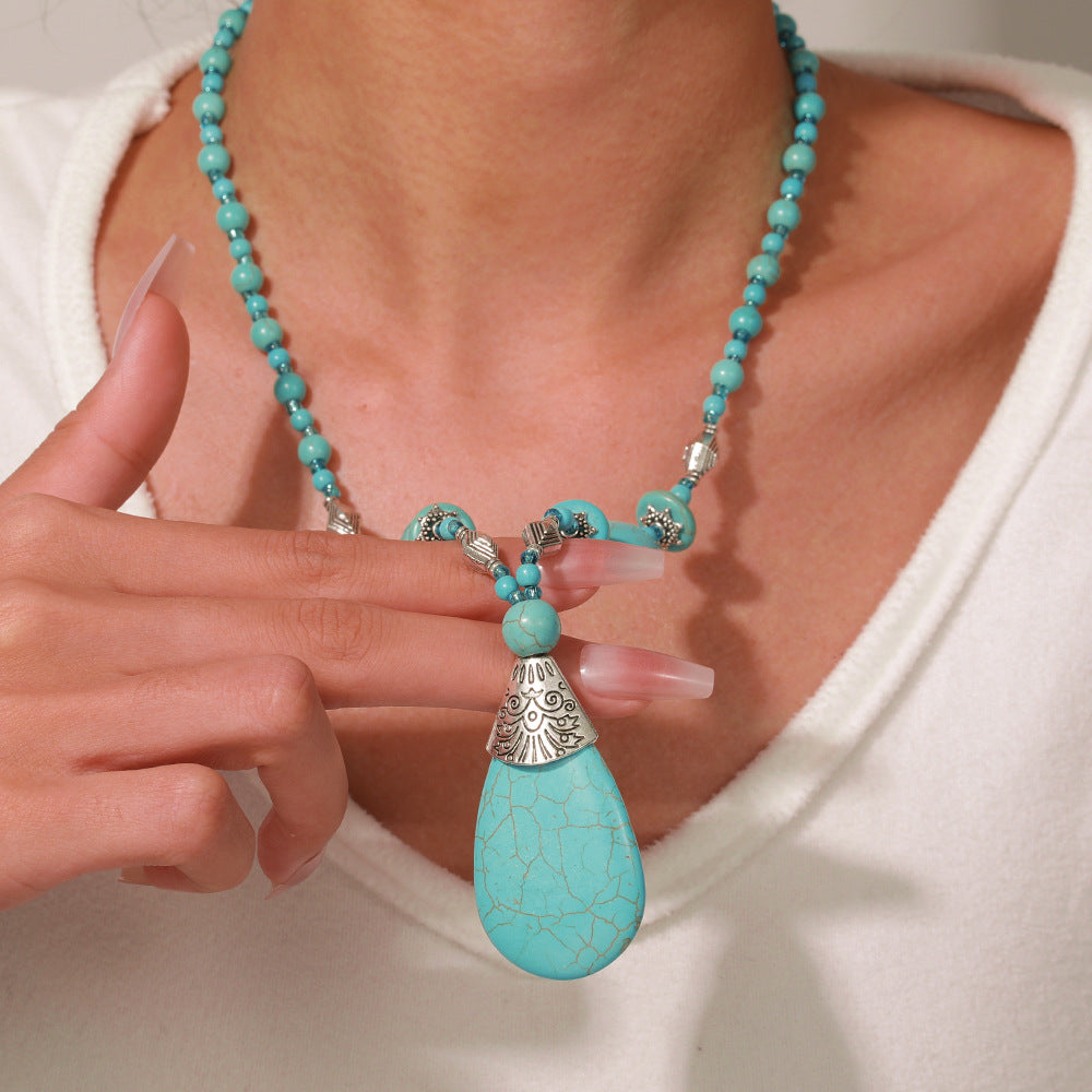 Bohemian Ethnic Geometric Butterfly Teardrop Heart Round Alloy Necklace with Turquoise and Pearl Inlay