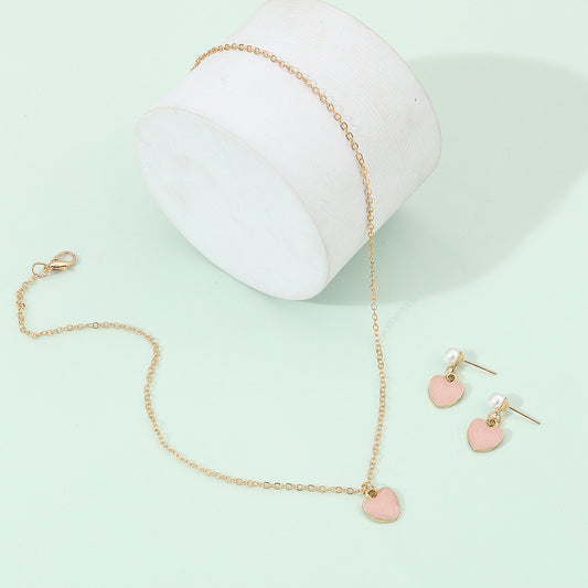 Minimalist Pink Heart-Shaped Alloy Necklace Set for Girls with Water Wave Chain