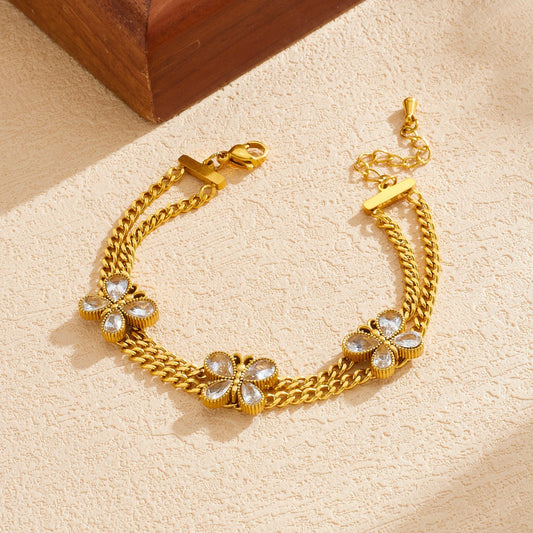 Gold Plated Stainless Steel Butterfly Rhinestone Double Layer Chain Bracelet for Women