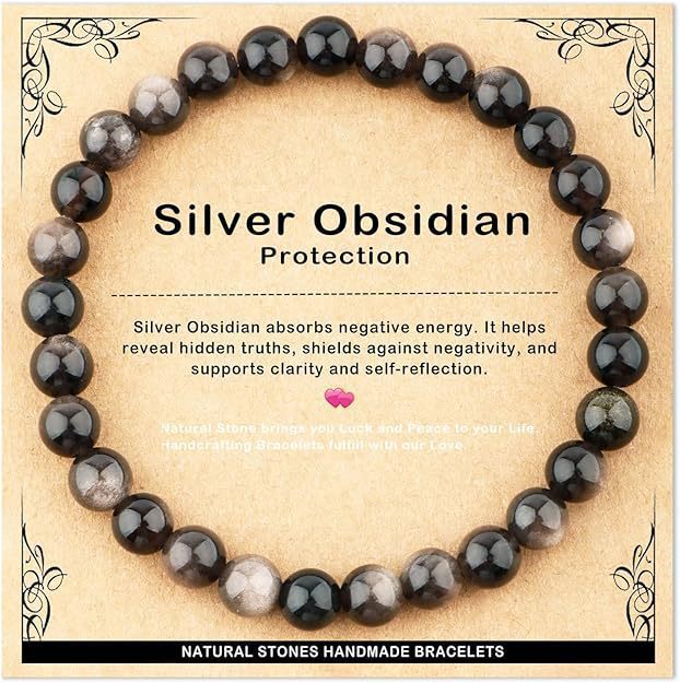 Natural Silver Obsidian Geometric Round Beaded Bracelet Unisex Elastic Stretch Bangle