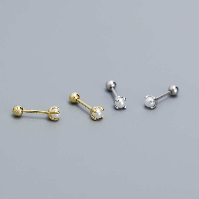 Sweet 925 Sterling Silver Round Geometric Plated Pearl Stud Earrings