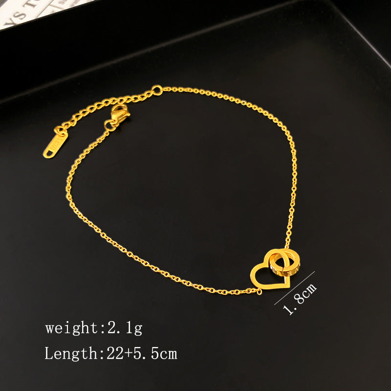 Minimalist Titanium Steel Plated Heart Double Ring Bracelet for Women