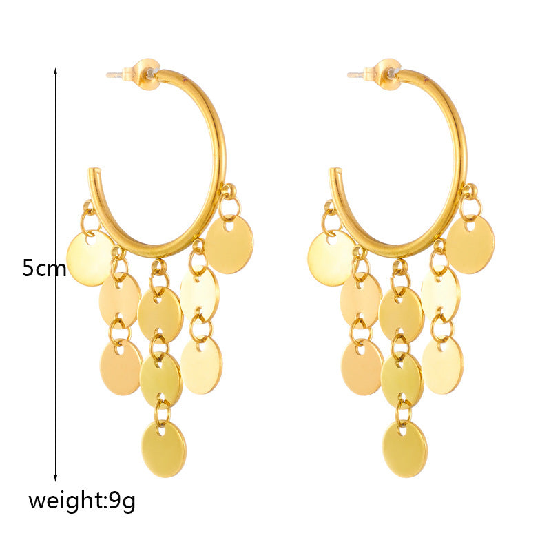 Vintage Minimalist Gold-Plated Titanium Steel Geometric Pendant Earrings with Tassel Detail for Women