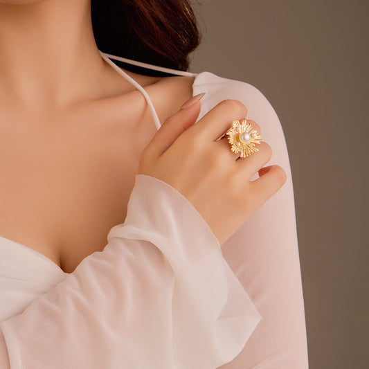 Elegant Irregular Petal-Shaped Stainless Steel Ring with Pearl Inlay for Women, Luxe Textured Finish and Geometric Design