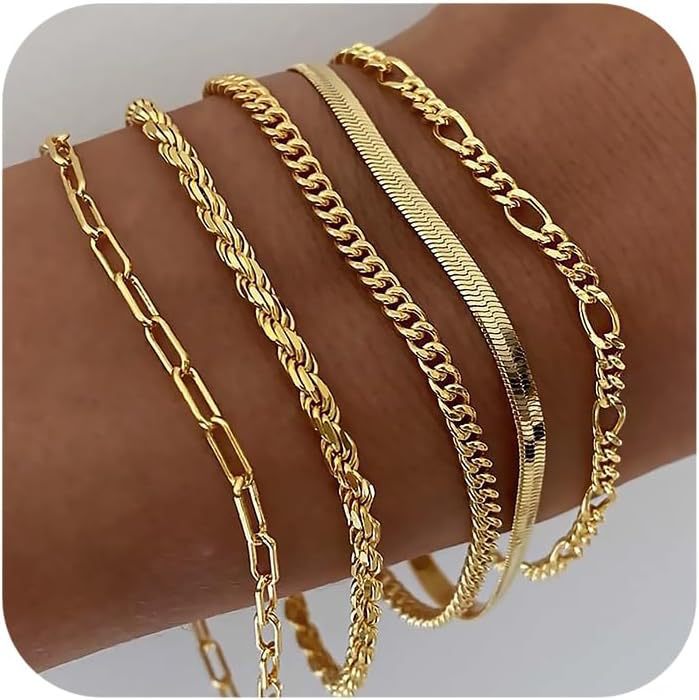 Bohemian Minimalist Geometric Plated Alloy Cuban Link Chain Pearl Bracelet Set for Women