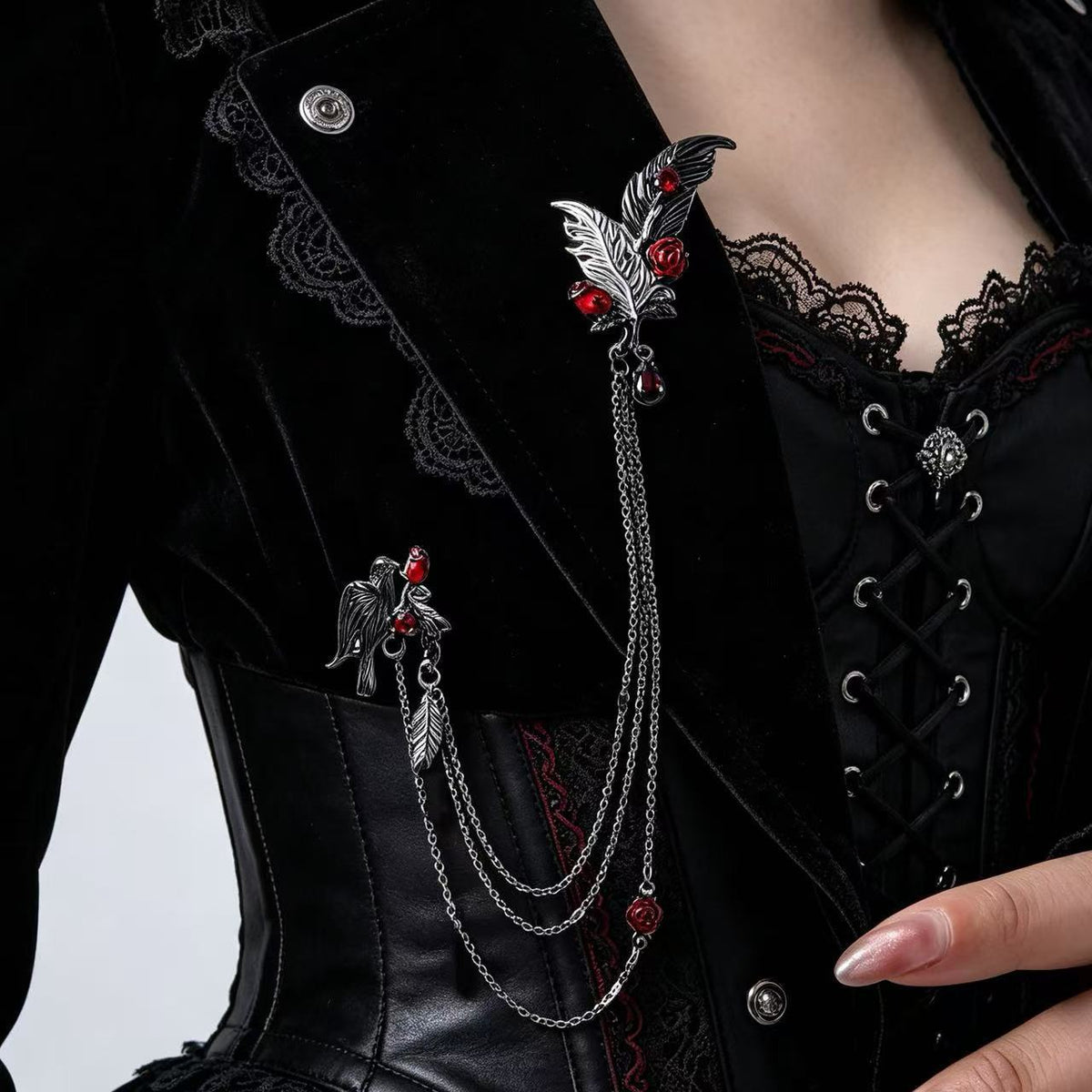 Gothic Vintage Rhinestone Inlaid Rose Floral Geometric Brass Brooch with Feather Tassel Chain