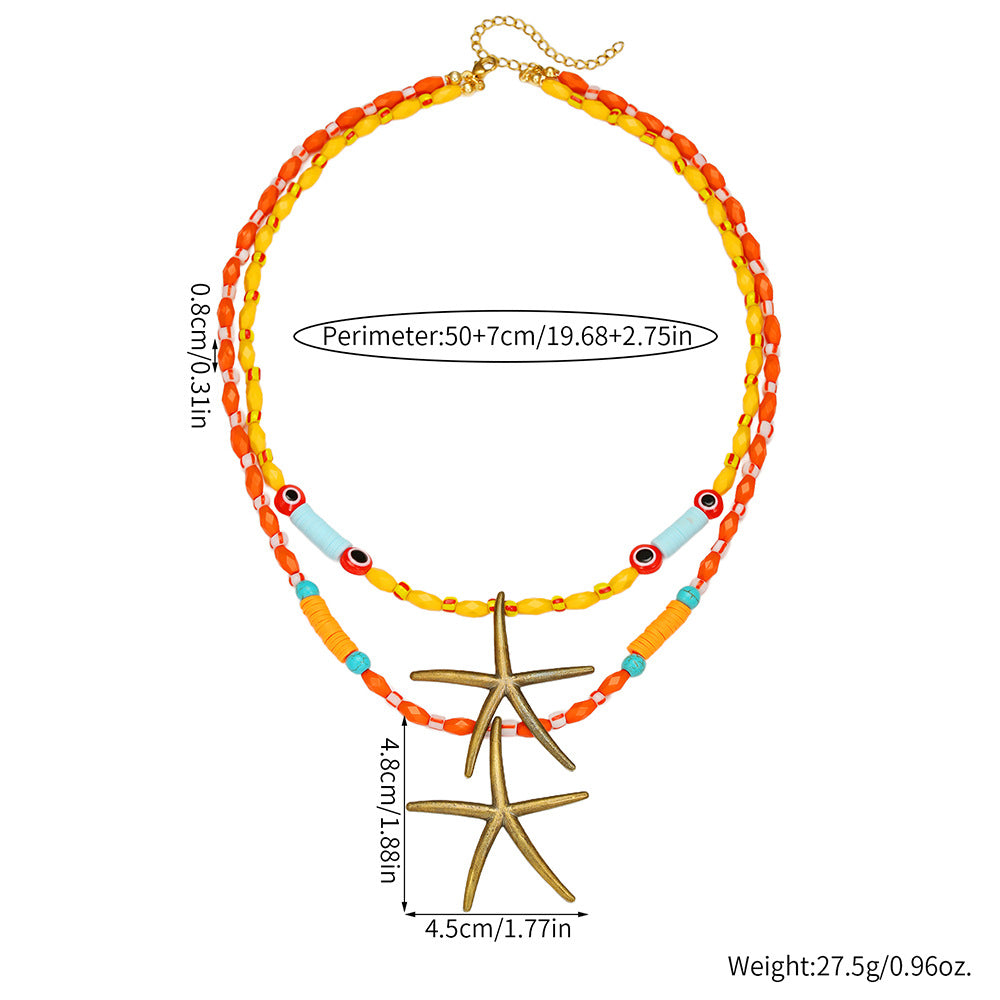 Sweet Streetwear Geometric Star Alloy Pendant Necklace with Colorful Resin and Acrylic Beads Eye Detail Double Layer Ball Chain