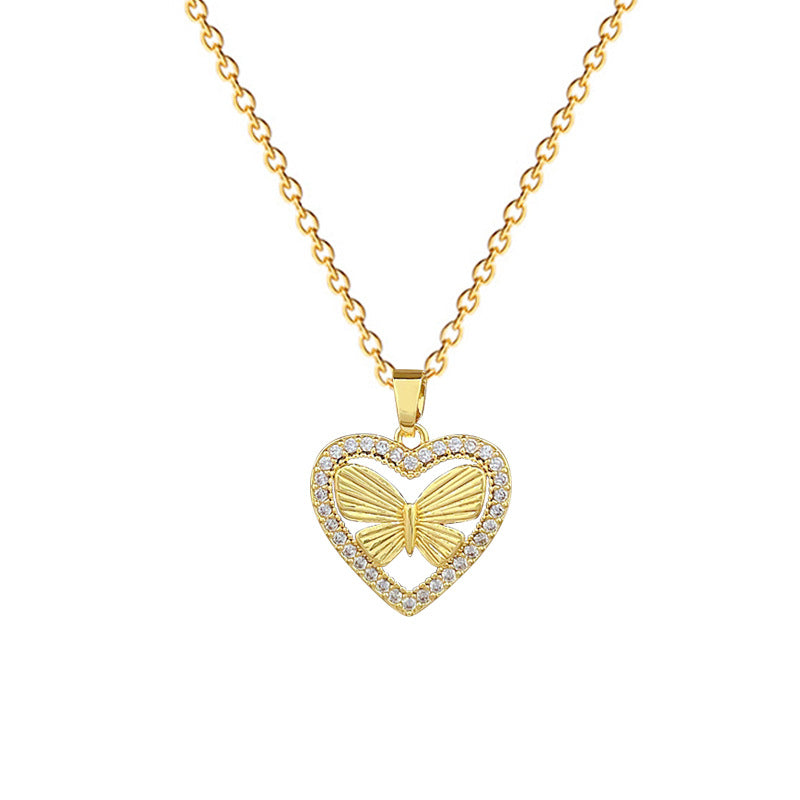 Collana con ciondolo a farfalla minimalista con cuore intagliato in acciaio al titanio, catena sottile per donna