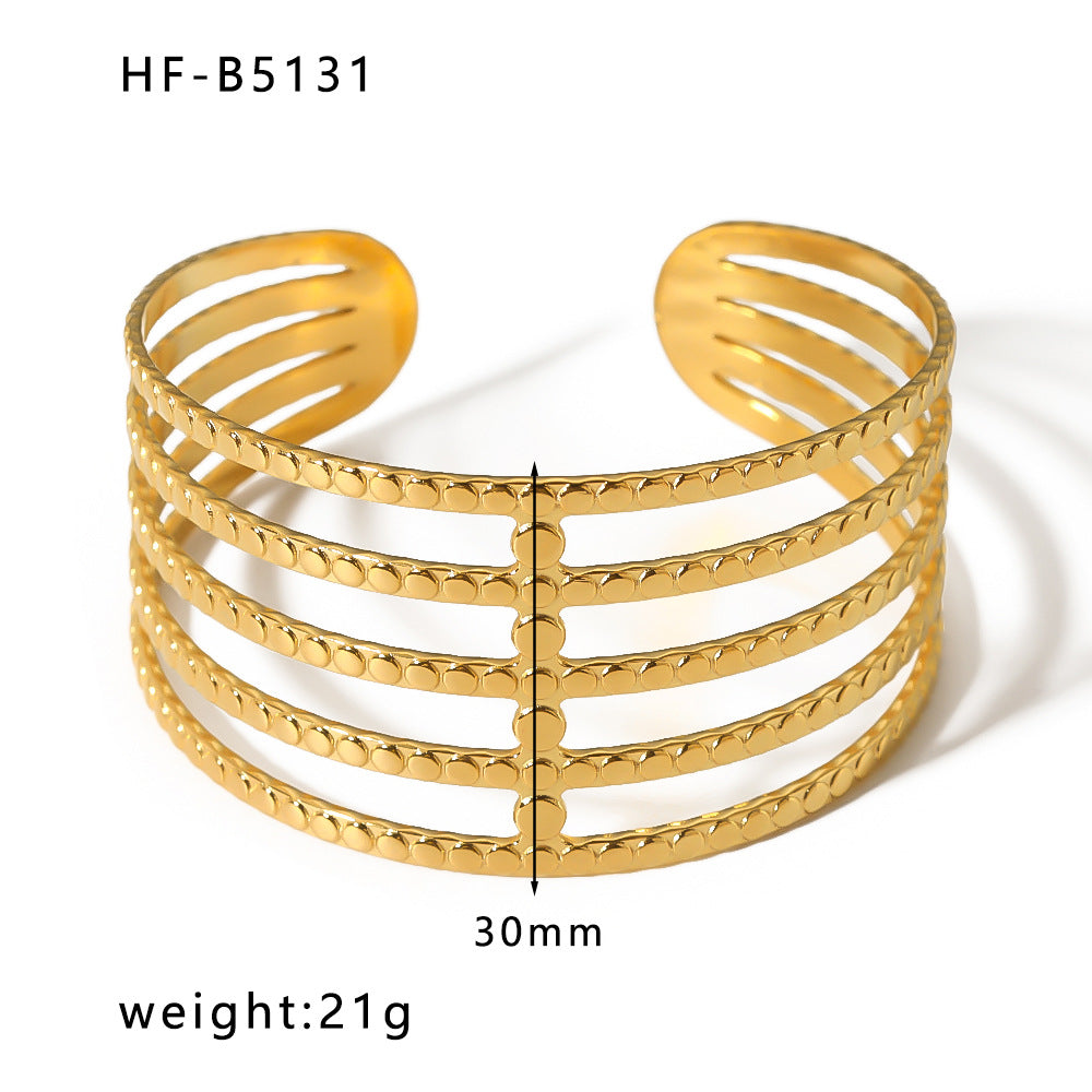 Adjustable Open Bangle Bracelet for Women in Stainless Steel with 18K Gold Plating, Hollow-Out Design, Textured Chain and Irregular Woven Pattern