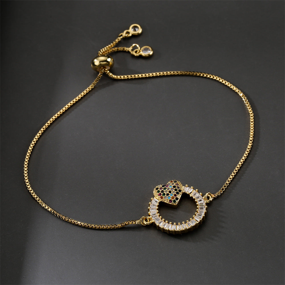 Gold Plated Geometric Brass Box Chain Bracelet with Micro-Inlaid Cubic Zirconia for Women