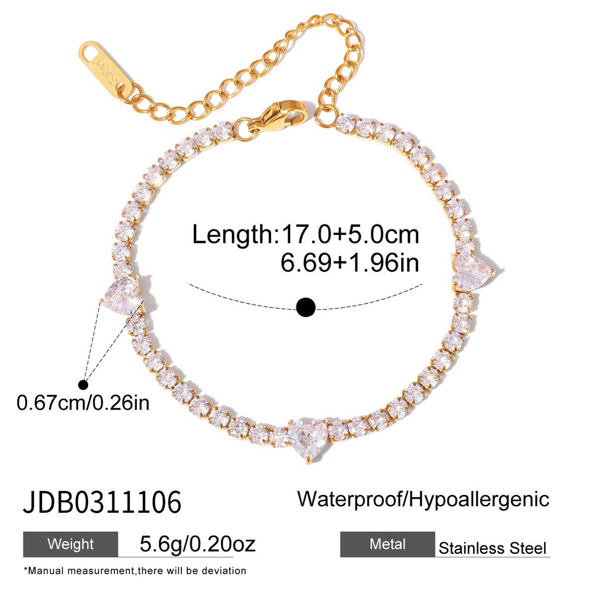 Elegant Geometric Heart Stainless Steel Plated Cubic Zirconia Bracelet for Women