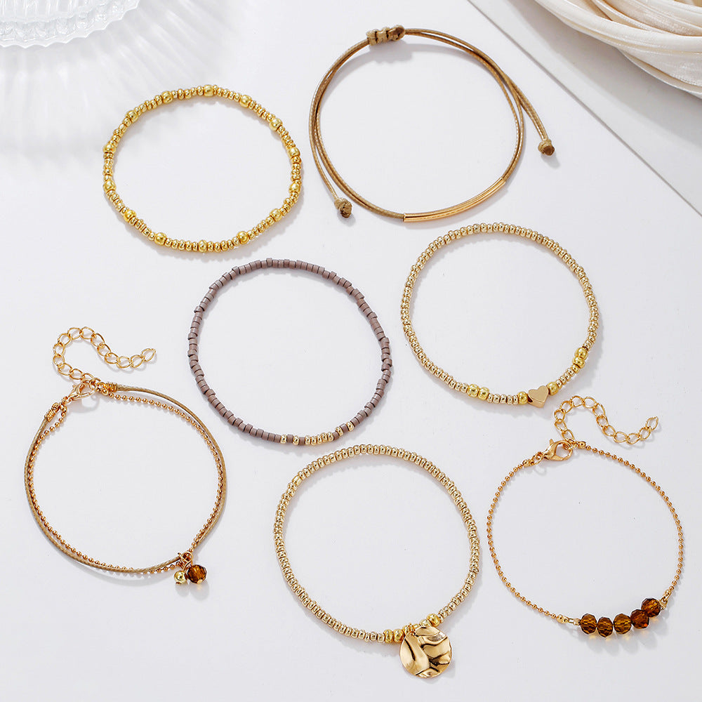 Bohemian Geometric Round Heart Handmade Alloy Glass Beaded Bracelet Set for Women