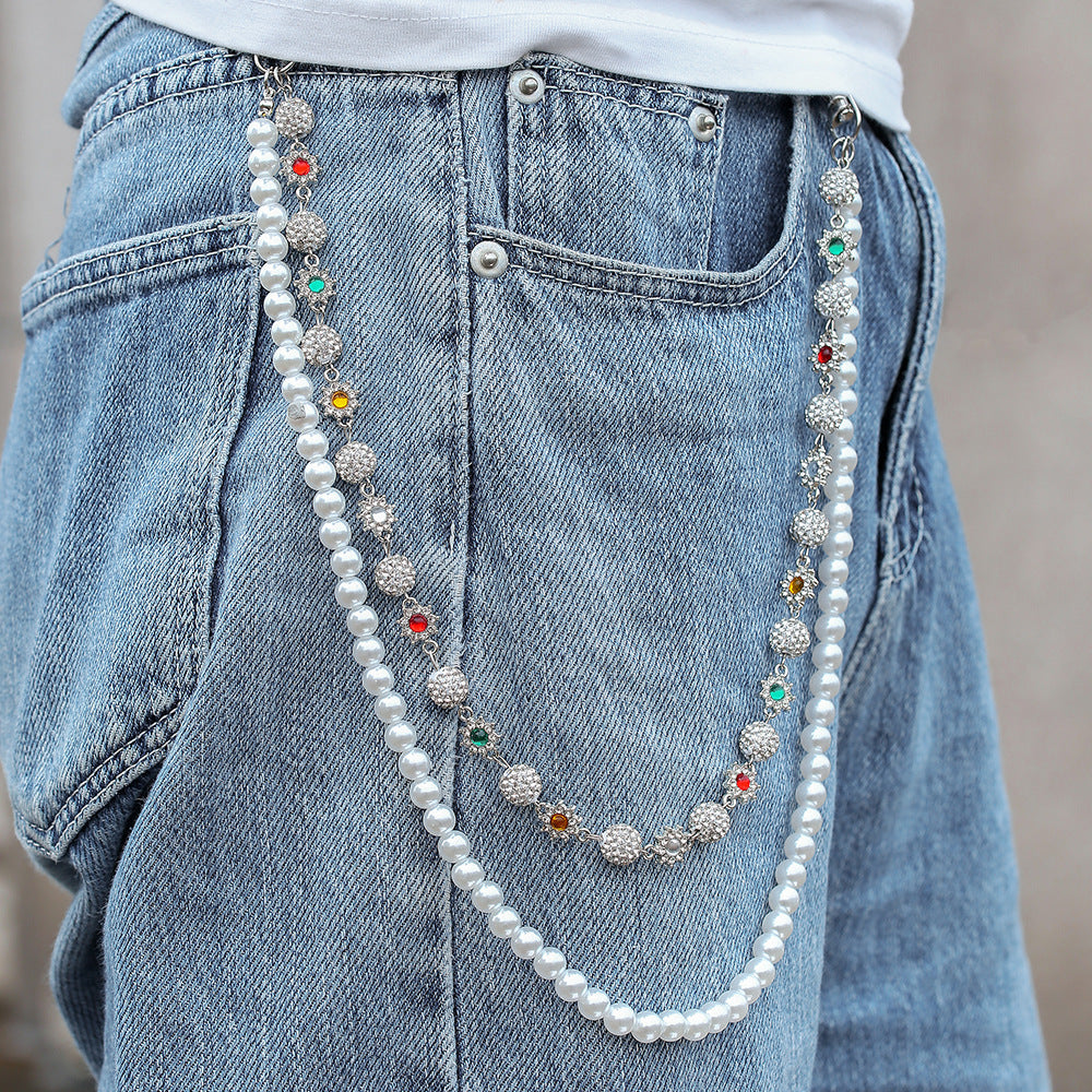 Punk Hip-hop Floral Rhinestone and Faux Pearl Polished Acrylic Waist Chain for Unisex