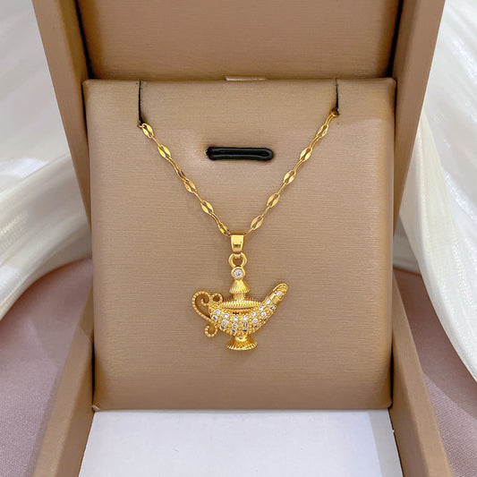 Exotic Style Geometric Lamp Pendant Necklace in Titanium Steel with Micro-Pave Zirconia and Gold-Plated Copper Charm