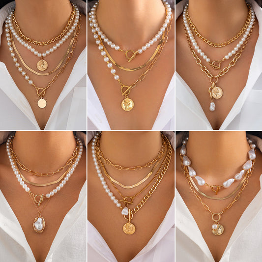 Collar con colgante geométrico vintage barroco de aleación con acabado chapado y cadena de serpiente para mujer