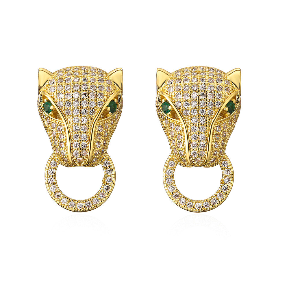 Hip-hop Geometric Leopard Head Brass Gold Plated Cubic Zirconia Stud Earrings for Women