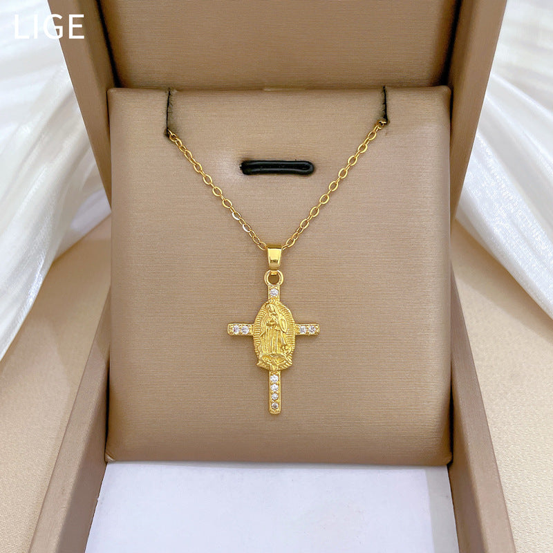 Luxury Full-Rhinestone Cross Pendant Necklace for Women and Men Titanium Steel Delicate Clavicle Chain with Geometric Design