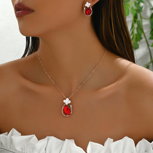 Sweet Rustic Floral Pendant Necklace and Earrings Set in Copper with Rhinestone Inlay for Women