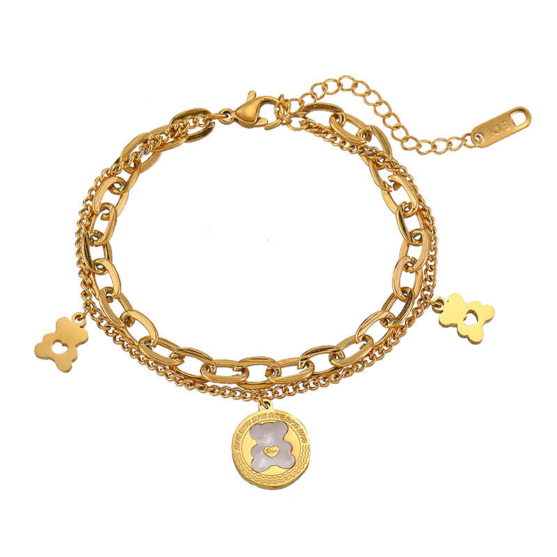 Bracciale a doppio strato in acciaio al titanio placcato oro rosa con ciondoli a cuore e orsetto, gioielli alla moda e casual da donna