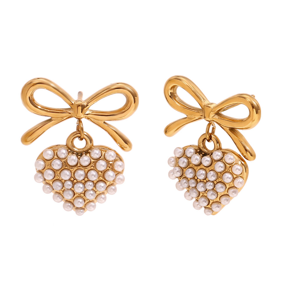 Orecchini a perno da donna a forma di fiocco in acciaio inossidabile stile vintage francese con accento di perla
