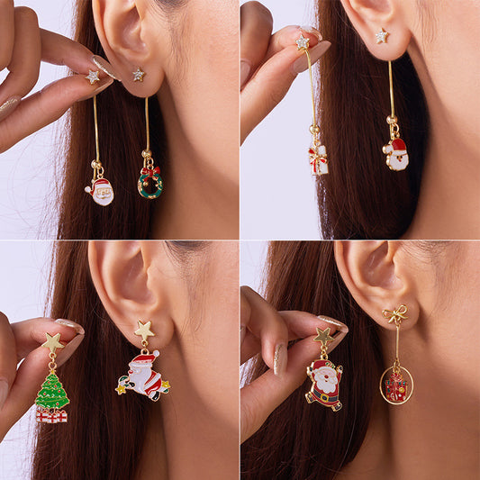 Pendientes de personaje de dibujos animados de Navidad lindos para mujer, aleación con acabado esmaltado, con diseño de Papá Noel, árbol de Navidad y caja de regalo