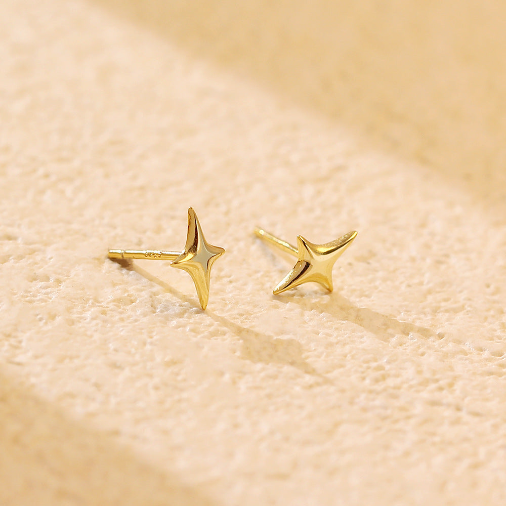 Minimalist Polished Four-Point Star 925 Sterling Silver Stud Earrings