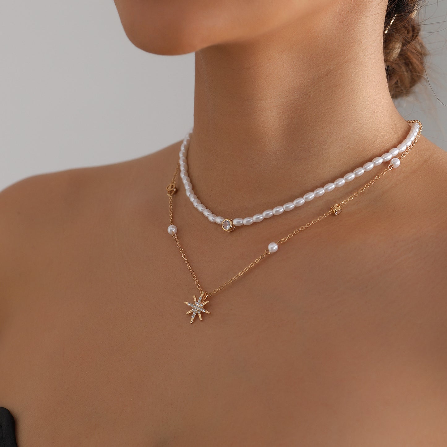 Casual Geometric Star Rhinestone Plated Alloy Double Layer Necklace with Pearl for Women