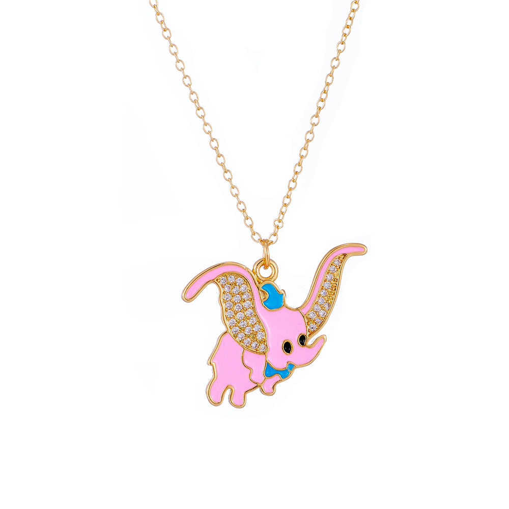 Collana pendente a forma di elefante minimalista da donna con base in rame e placcatura in oro 18 carati, finitura smaltata e intarsio in zirconi