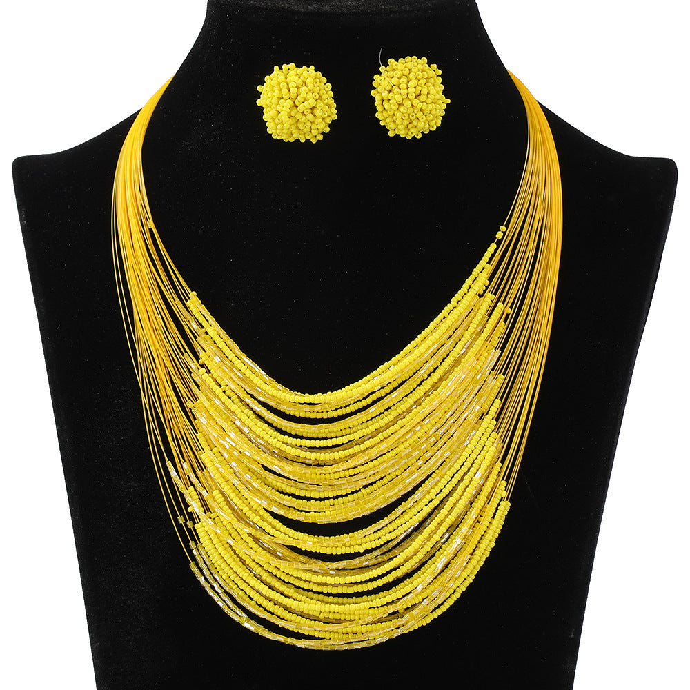 Bohemian Multi-Layer Glass Seed Bead Necklace and Earrings Set for Women with Pearl Chain and Four-Bean Pendant