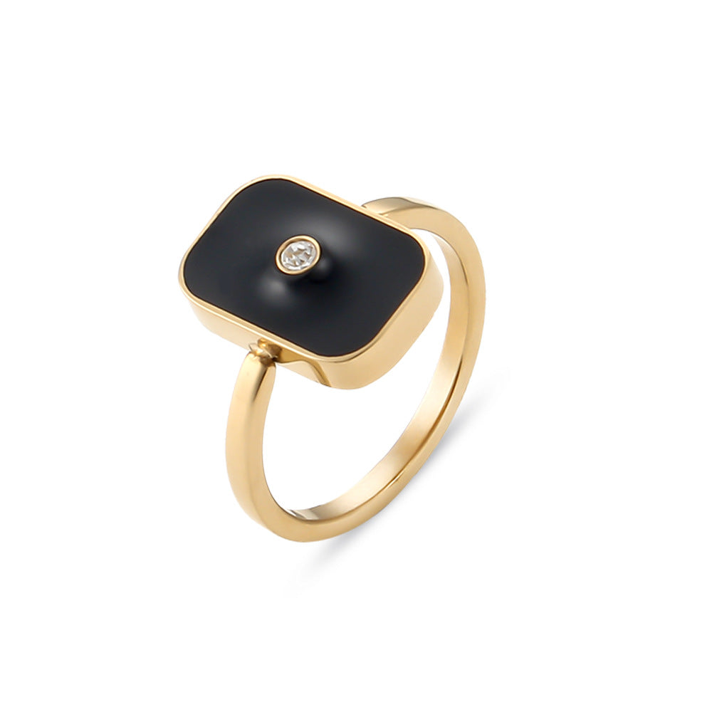 Anello Minimalista Quadrato Geometrico in Acciaio Inossidabile Placcato Oro 18K e Smalto Nero per Donna