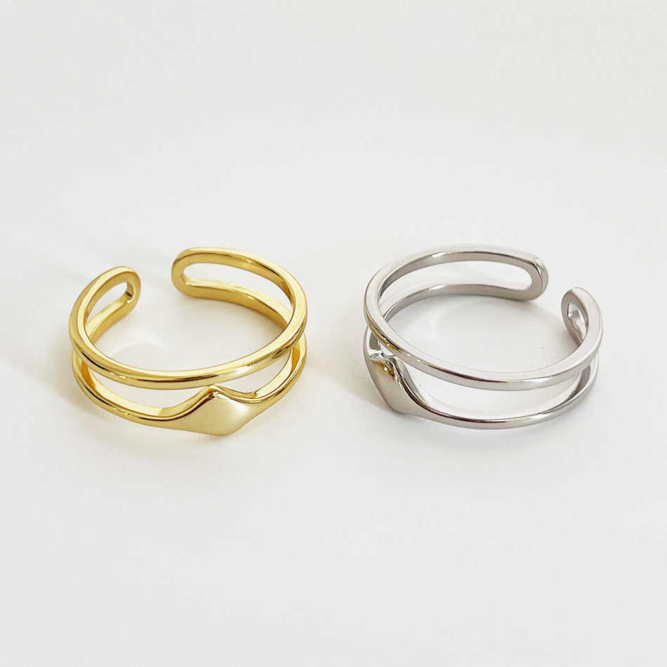 Minimalist Elegant 925 Sterling Silver Asymmetric Geometric Double Layer Ring for Women