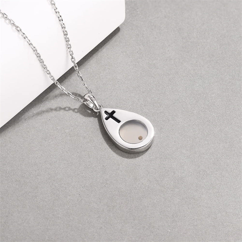 Minimalist Teardrop-Shaped Cross Pendant Necklace in Stainless Steel with Polished Titanium Steel Droplet