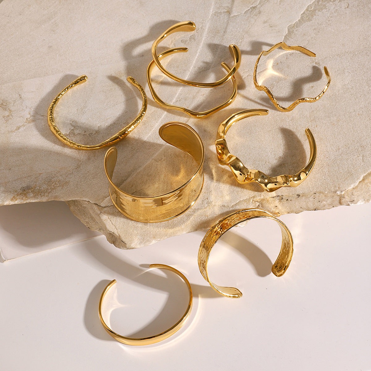 18K Gold Plated Hammered Geometric Irregular Wave Open Cuff Stainless Steel Bracelet