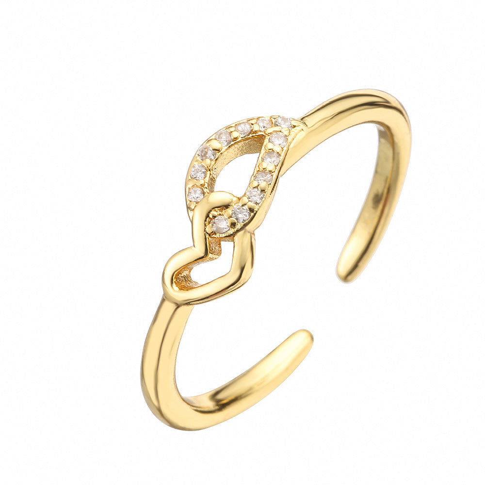 Anello aperto geometrico minimalista da donna in rame con placcatura in oro 18 carati e intarsio di zirconi