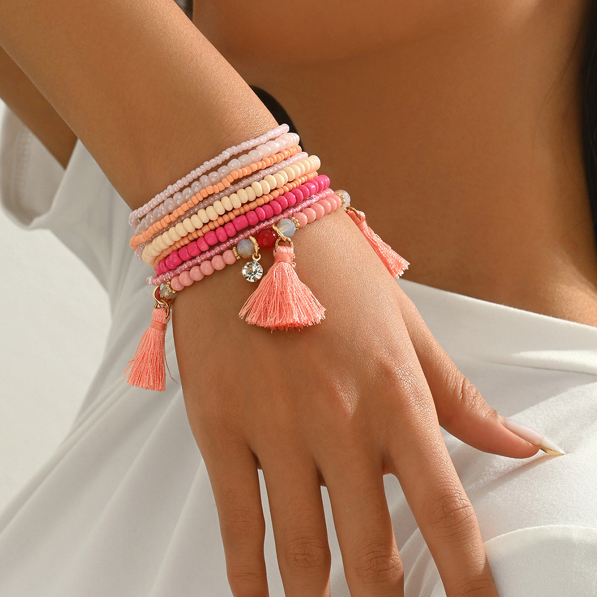 Geometric Fashion OL Women's Braided Millet Bead Bracelet Set Stylish Minimalist Hand Jewelry