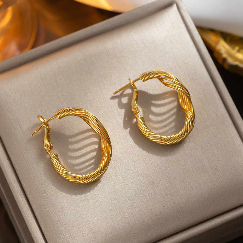Geometric Twisted C-Shape Titanium Steel Earrings for Women with Vacuum Electroplating Finish