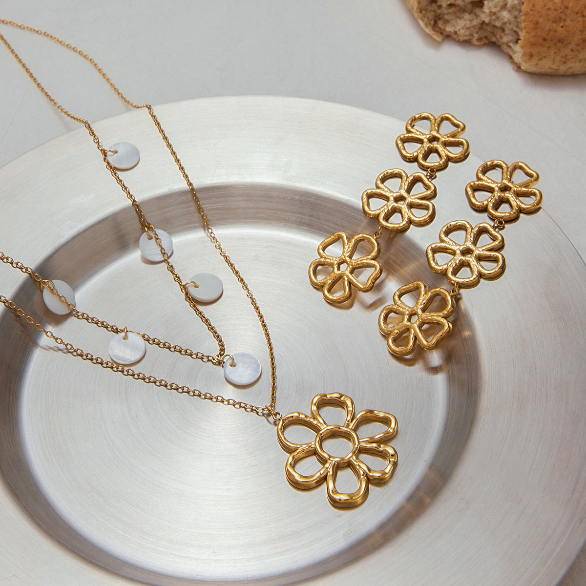 Minimalist Elegant Floral Titanium Steel Plated Necklace and Earring Set for Women